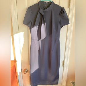 Maggy London tie neck puff sleeve navy crepe sheath dress